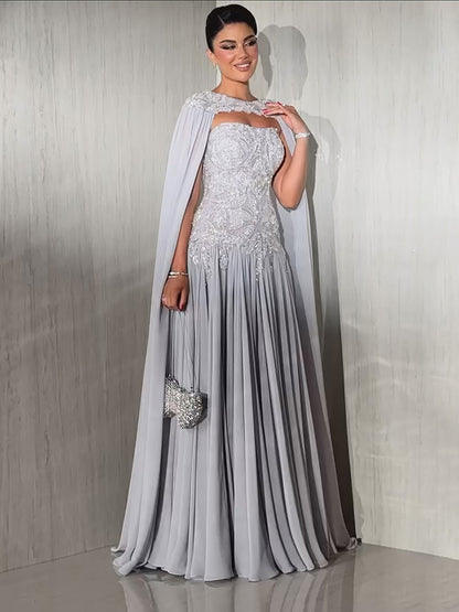 Luxury Gray Beaded Strapless A Line Evening Dress With Cape LA73636 - SERENE  HILL