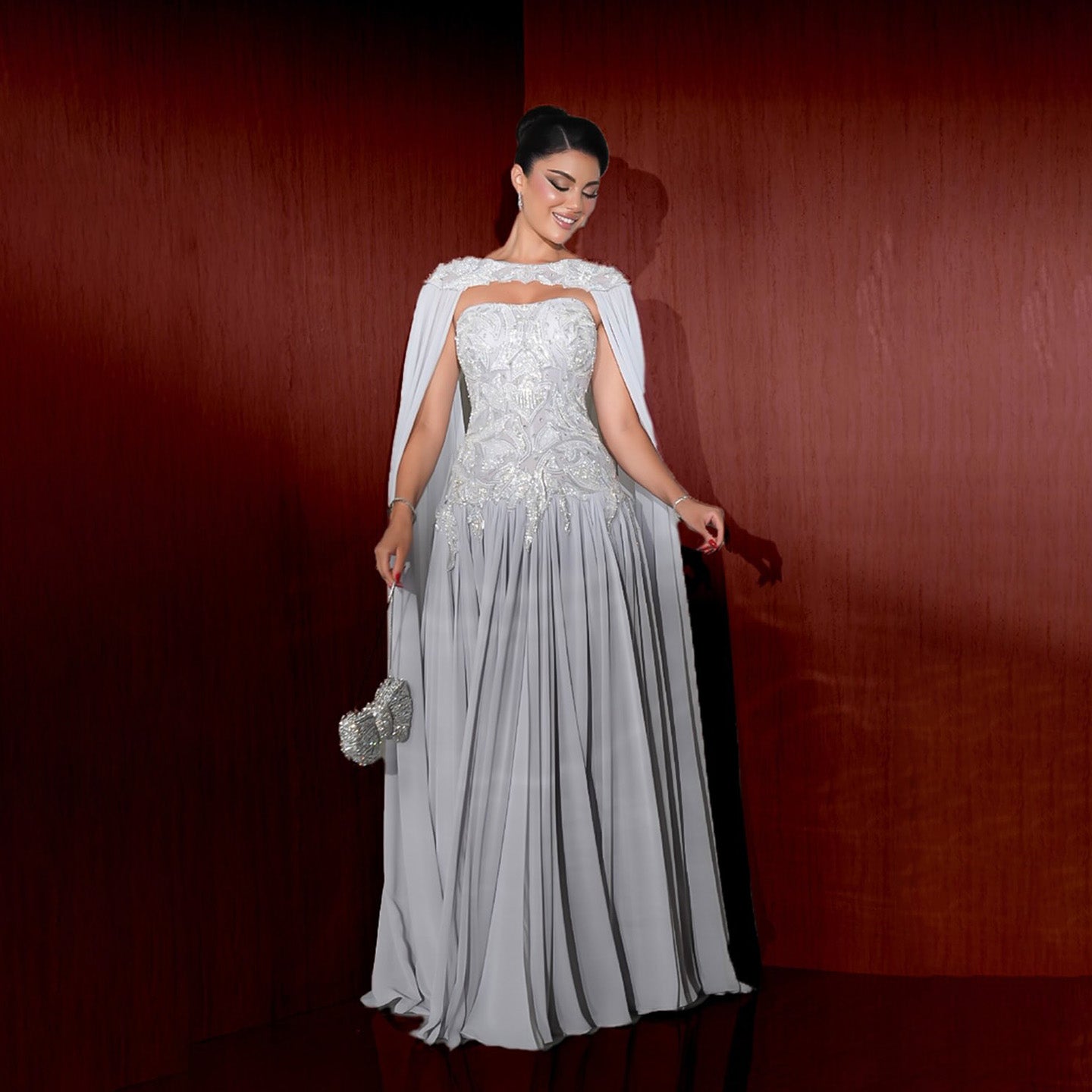 Luxury Gray Beaded Strapless A Line Evening Dress With Cape LA73636 - SERENE  HILL