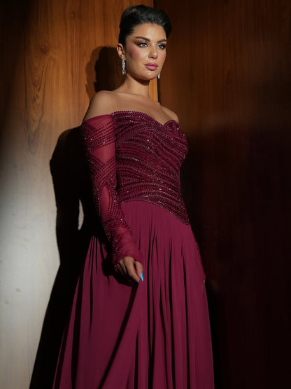 Luxury Wine Red Beaded A Line Evening Dress LA73637 - SERENE  HILL