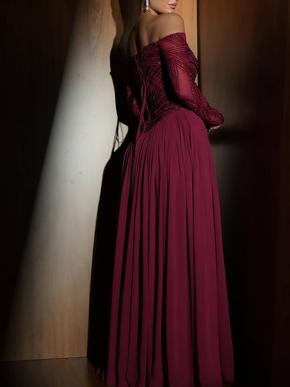 Luxury Wine Red Beaded A Line Evening Dress LA73637 - SERENE  HILL