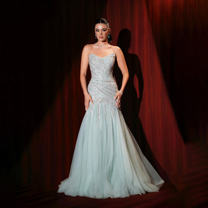 Luxury Sage Green Crystal Beaded Mermaid Strapless Evening Dress LA73640 - SERENE  HILL