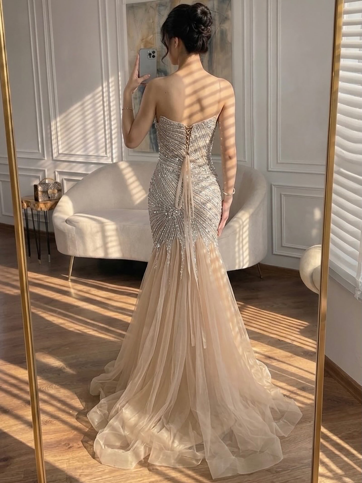Luxury Sage Green Crystal Beaded Mermaid Strapless Evening Dress LA73640