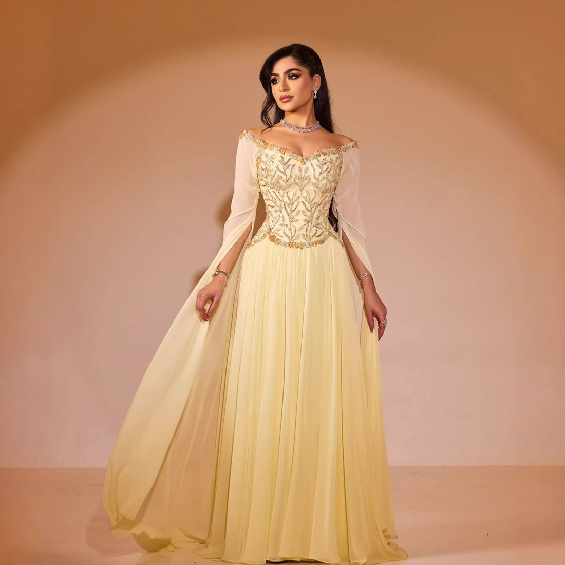Luxury Yellow Beaded A Line Evening Dress With Cape Sleeves LA73641 - SERENE  HILL