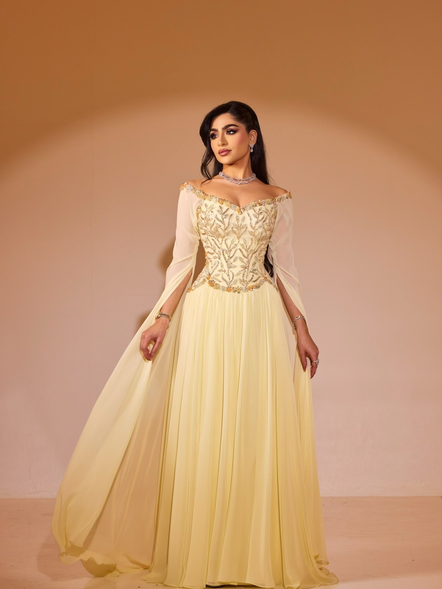 Luxury Yellow Beaded A Line Evening Dress With Cape Sleeves LA73641 - SERENE  HILL