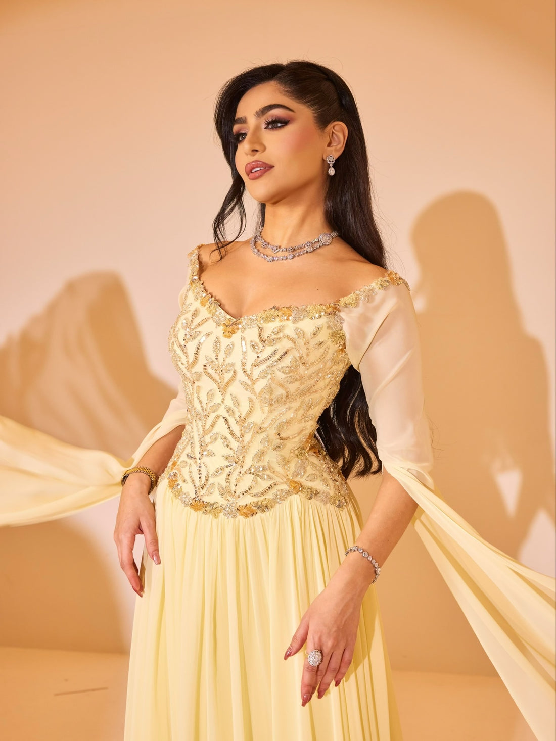 Luxury Yellow Beaded A Line Evening Dress With Cape Sleeves LA73641 - SERENE  HILL