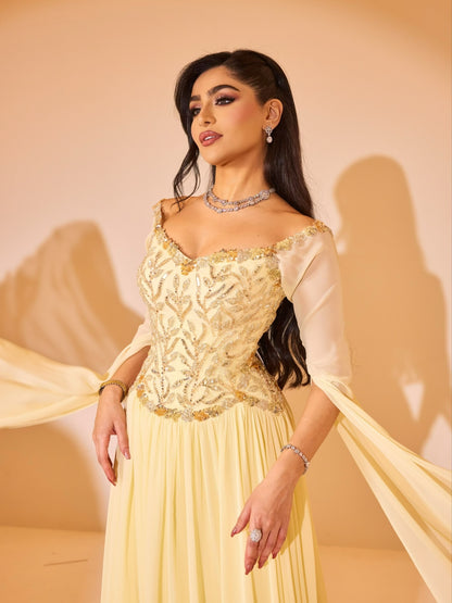 Luxury Yellow Beaded A Line Evening Dress With Cape Sleeves LA73641 - SERENE  HILL