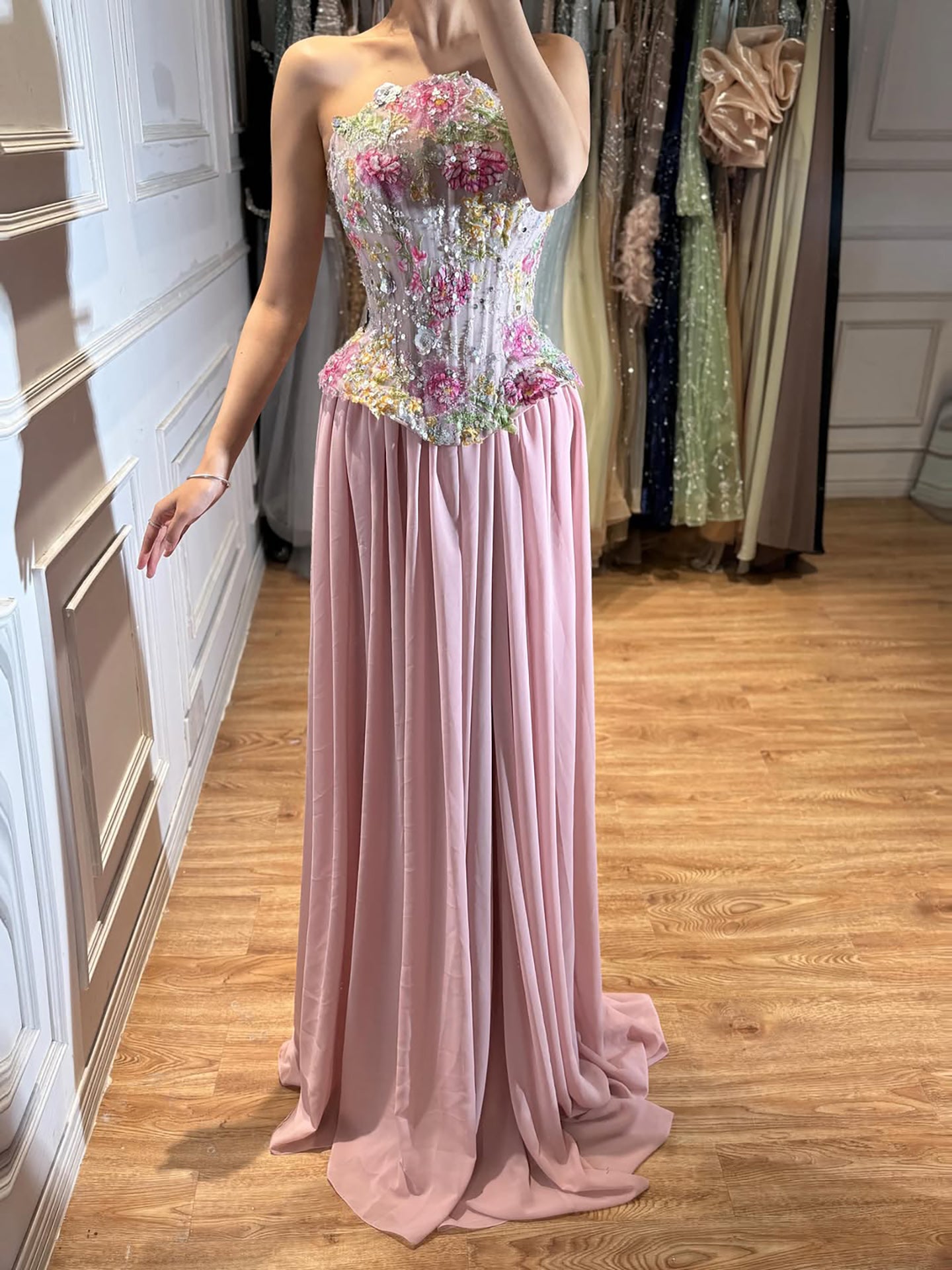 Luxury Pink Appliques Beaded Strapless Evening Dress LA73642 SERENE HILL