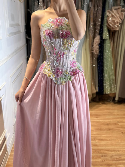 Luxury Pink Appliques Beaded Strapless Evening Dress LA73642 SERENE HILL