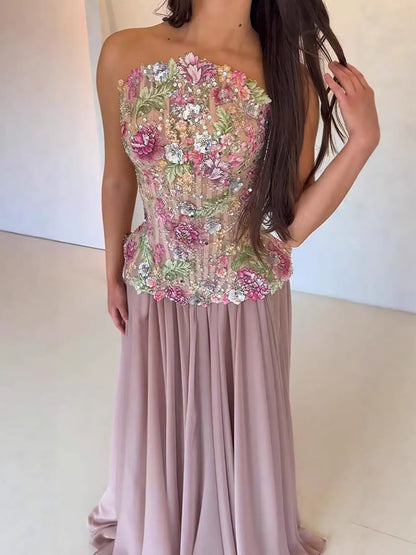 Luxury Pink Appliques Beaded Strapless Evening Dress LA73642 - SERENE  HILL