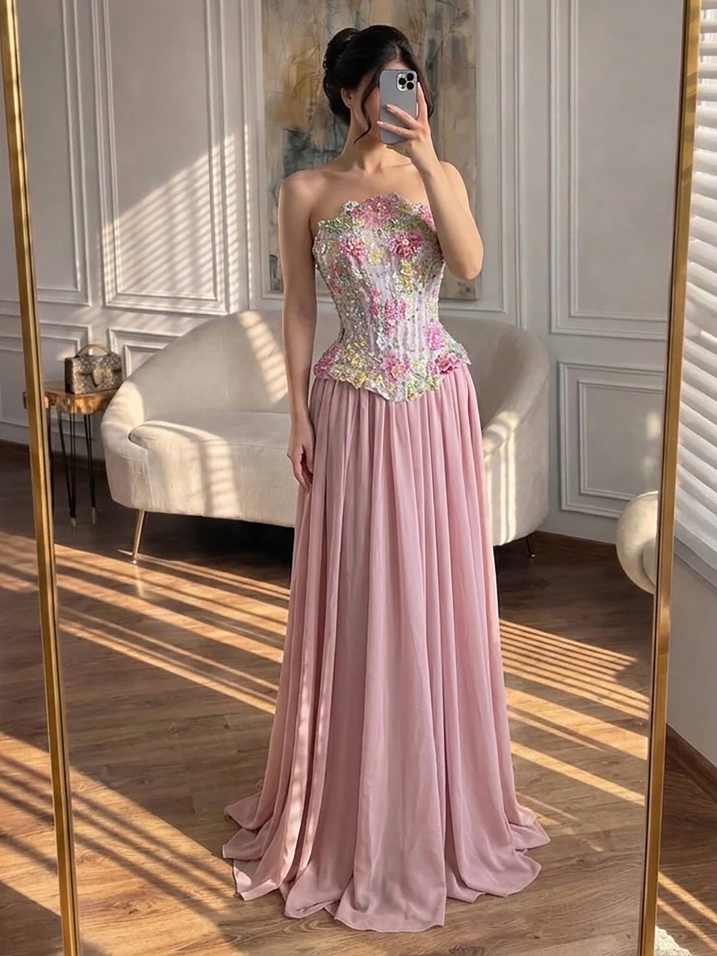 Luxury Pink Appliques Beaded Strapless Evening Dress LA73642 SERENE HILL