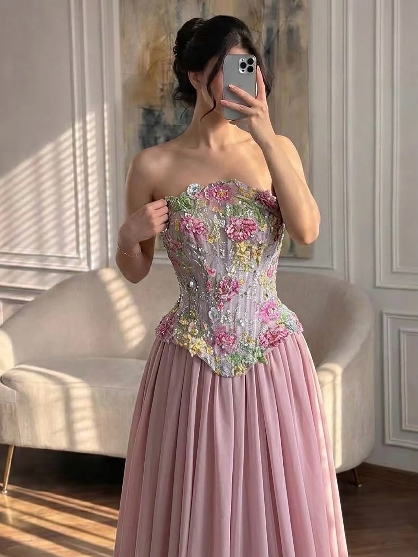 Luxury Pink Appliques Beaded Strapless Evening Dress LA73642 SERENE HILL