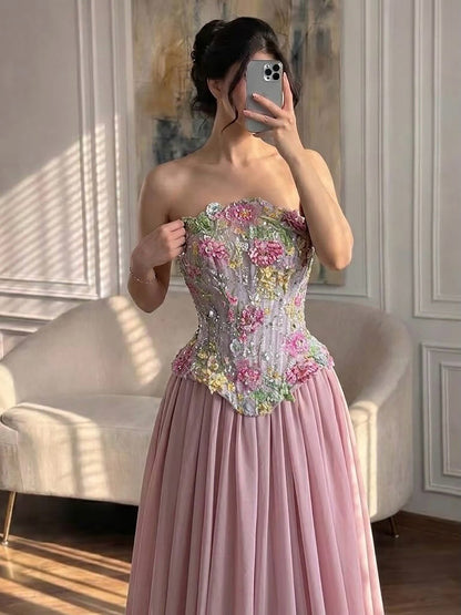 Luxury Pink Appliques Beaded Strapless Evening Dress LA73642 SERENE HILL