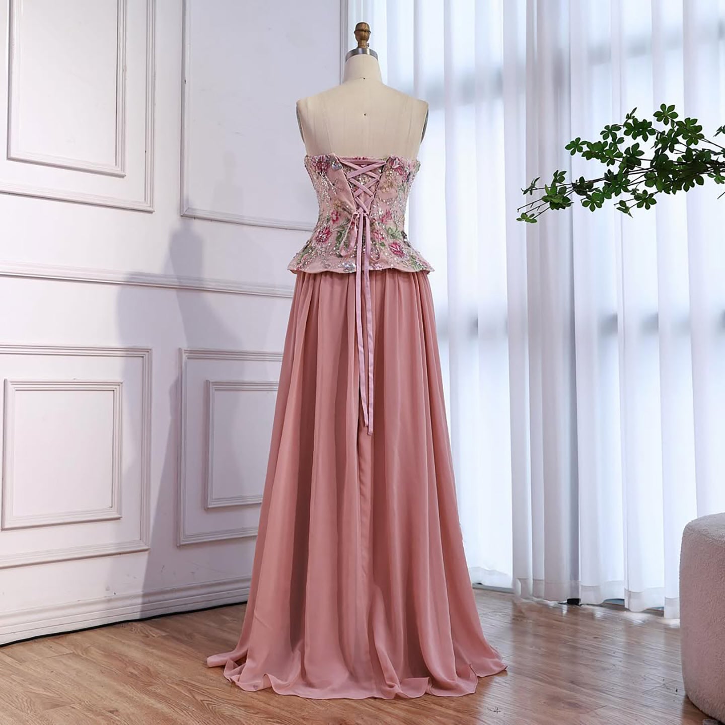 Luxury Pink Strapless Sweetheart Beaded Floral A-Line Evening Dress LA73643 - SERENE  HILL