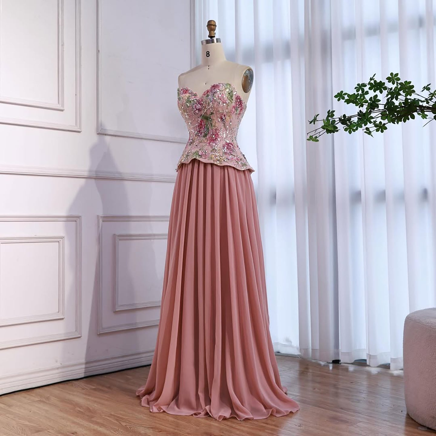 Luxury Pink Strapless Sweetheart Beaded Floral A-Line Evening Dress LA73643 - SERENE  HILL