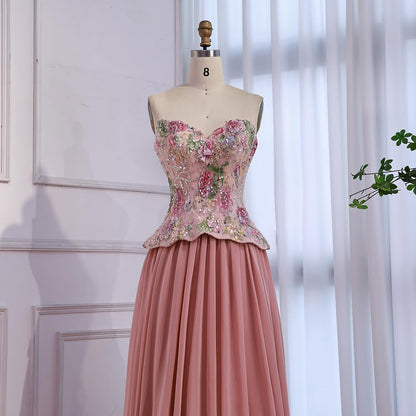 Luxury Pink Strapless Sweetheart Beaded Floral A-Line Evening Dress LA73643 - SERENE  HILL