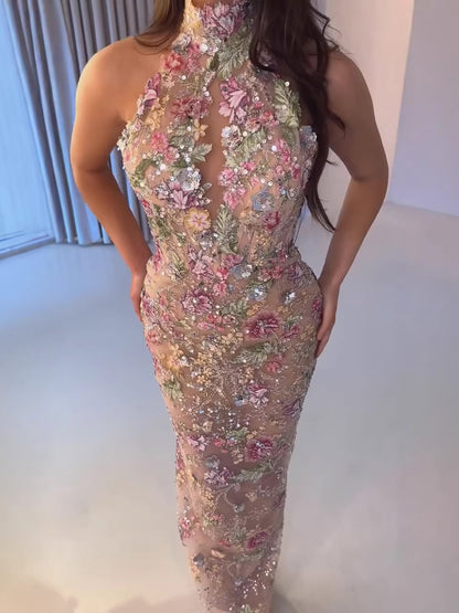 Luxury Pink Appliques Beaded Halter Mermaid Evening Dress LA73644 SERENE HILL