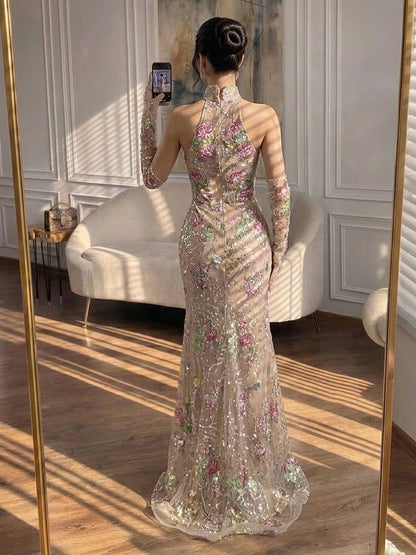 Luxury Pink Appliques Beaded Halter Mermaid Evening Dress LA73644A SERENE HILL