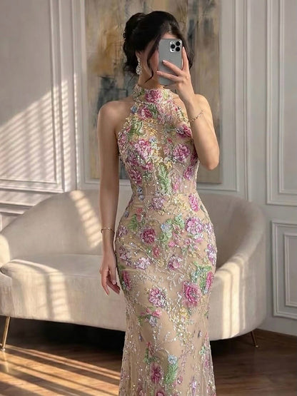 Luxury Pink Appliques Beaded Halter Mermaid Evening Dress LA73644 SERENE HILL