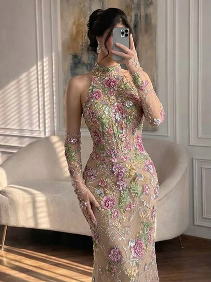Luxury Pink Appliques Beaded Halter Mermaid Evening Dress LA73644A SERENE HILL