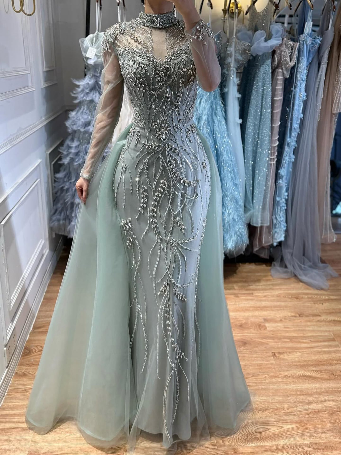 pastel colors bridesmaid dresses Sage Green Beaded Corset Prom Dress