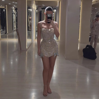 Luxury Silver Bow Detail Spaghetti Straps Beaded Evening Mini Dress LA73649
