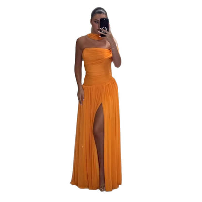 Orange Chiffon Off Shoulder Prom Evening Dress with Scarf Slit LA73651