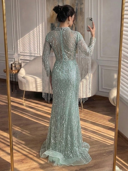 Sage Green Beaded Mermaid Evening Dress with Ruffle Shoulder LA73657 SERENE HILL