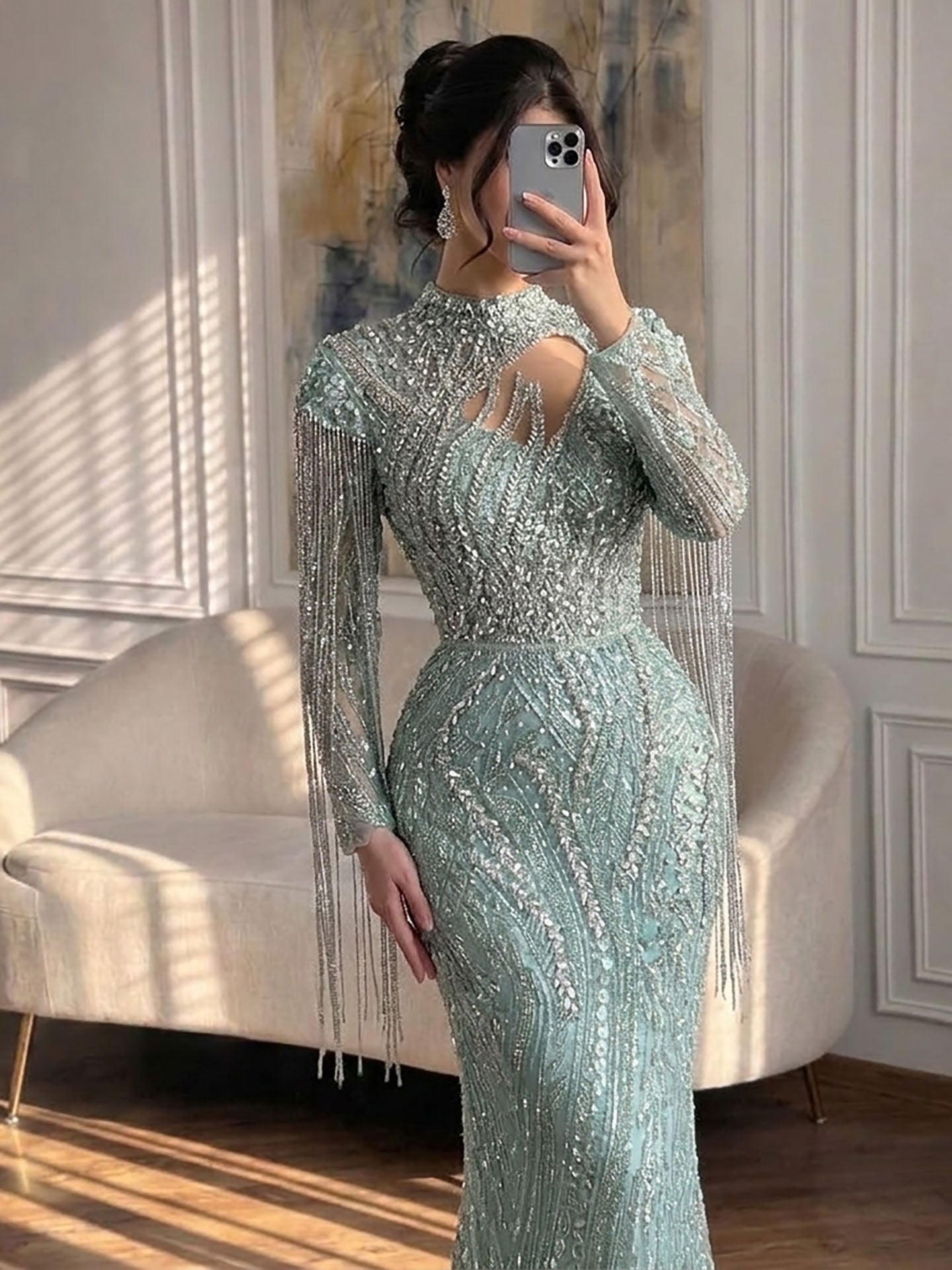 Sage Green Beaded Mermaid Evening Dress with Ruffle Shoulder LA73657 SERENE HILL