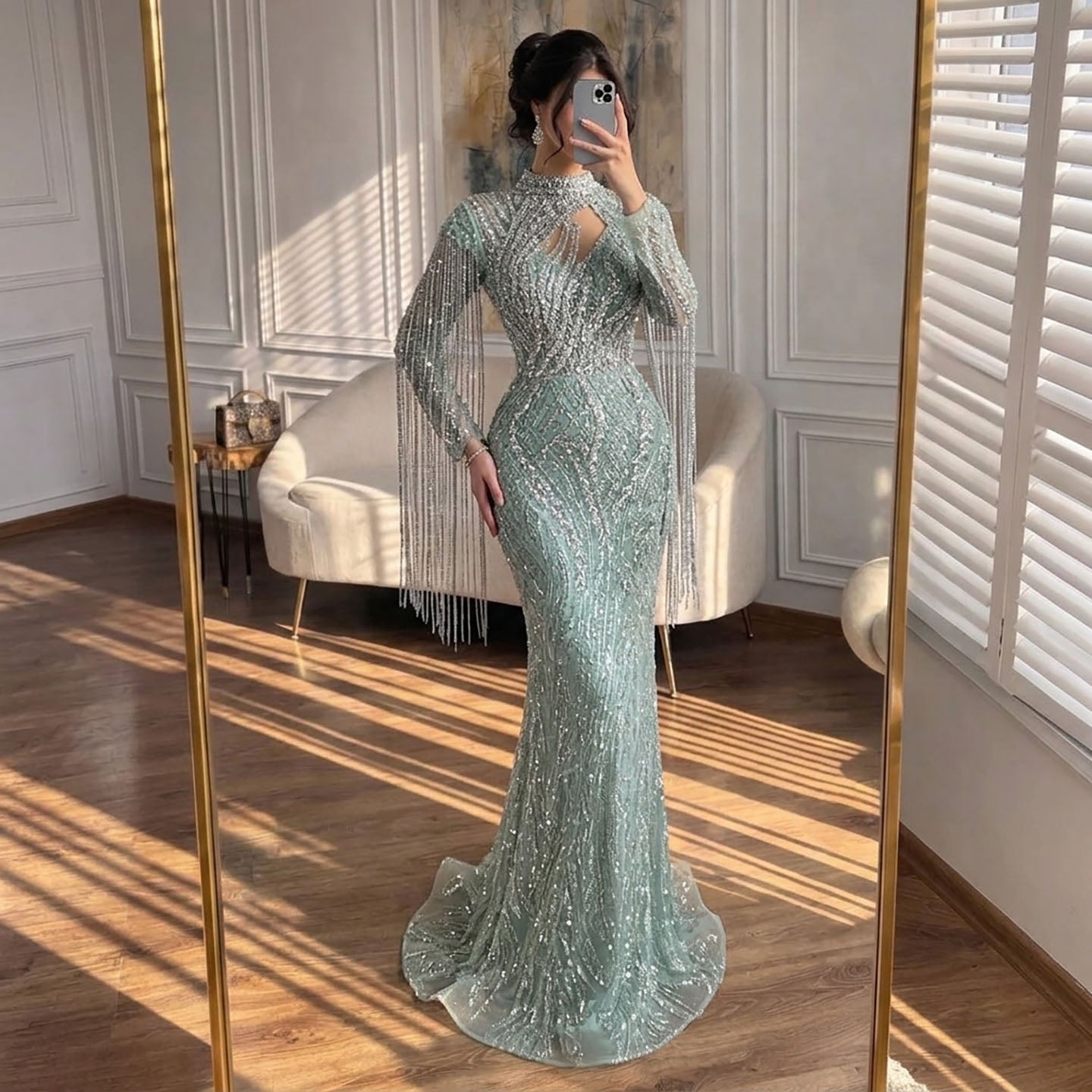Sage Green Beaded Mermaid Evening Dress with Ruffle Shoulder LA73657 SERENE HILL