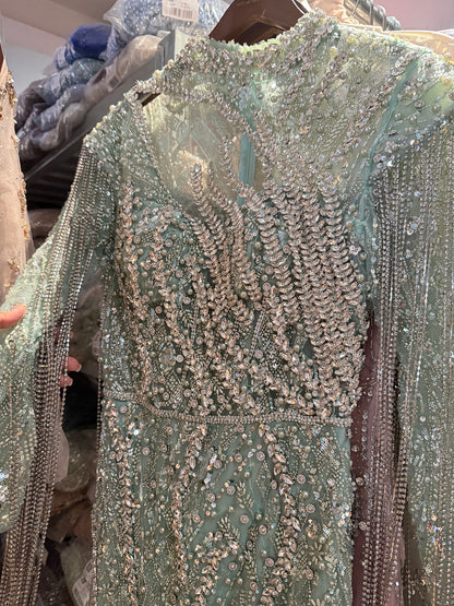 Sage Green Beaded Mermaid Evening Dress with Ruffle Shoulder LA73657 SERENE HILL