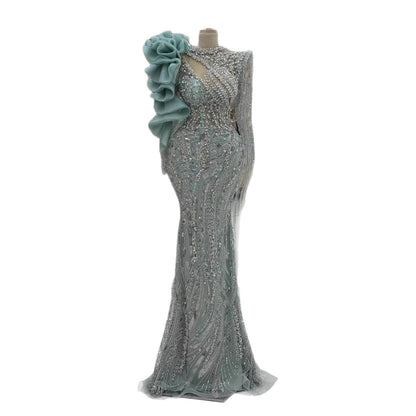 Sage Green Beaded Mermaid Evening Dress with Ruffle Shoulder LA73657 - SERENE  HILL