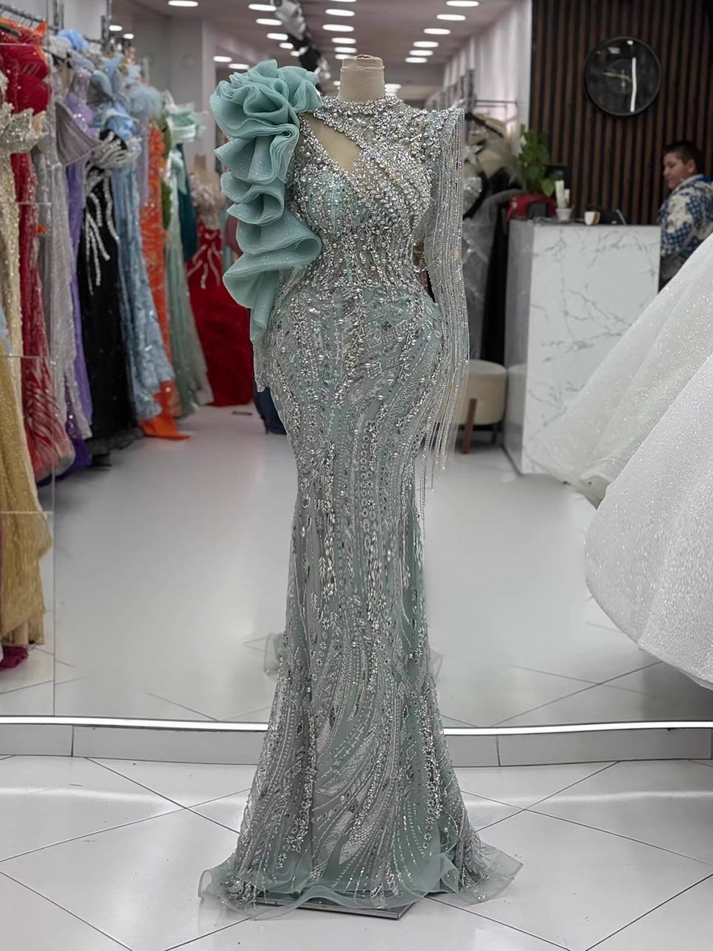 Sage Green Beaded Mermaid Evening Dress with Ruffle Shoulder LA73657 - SERENE  HILL