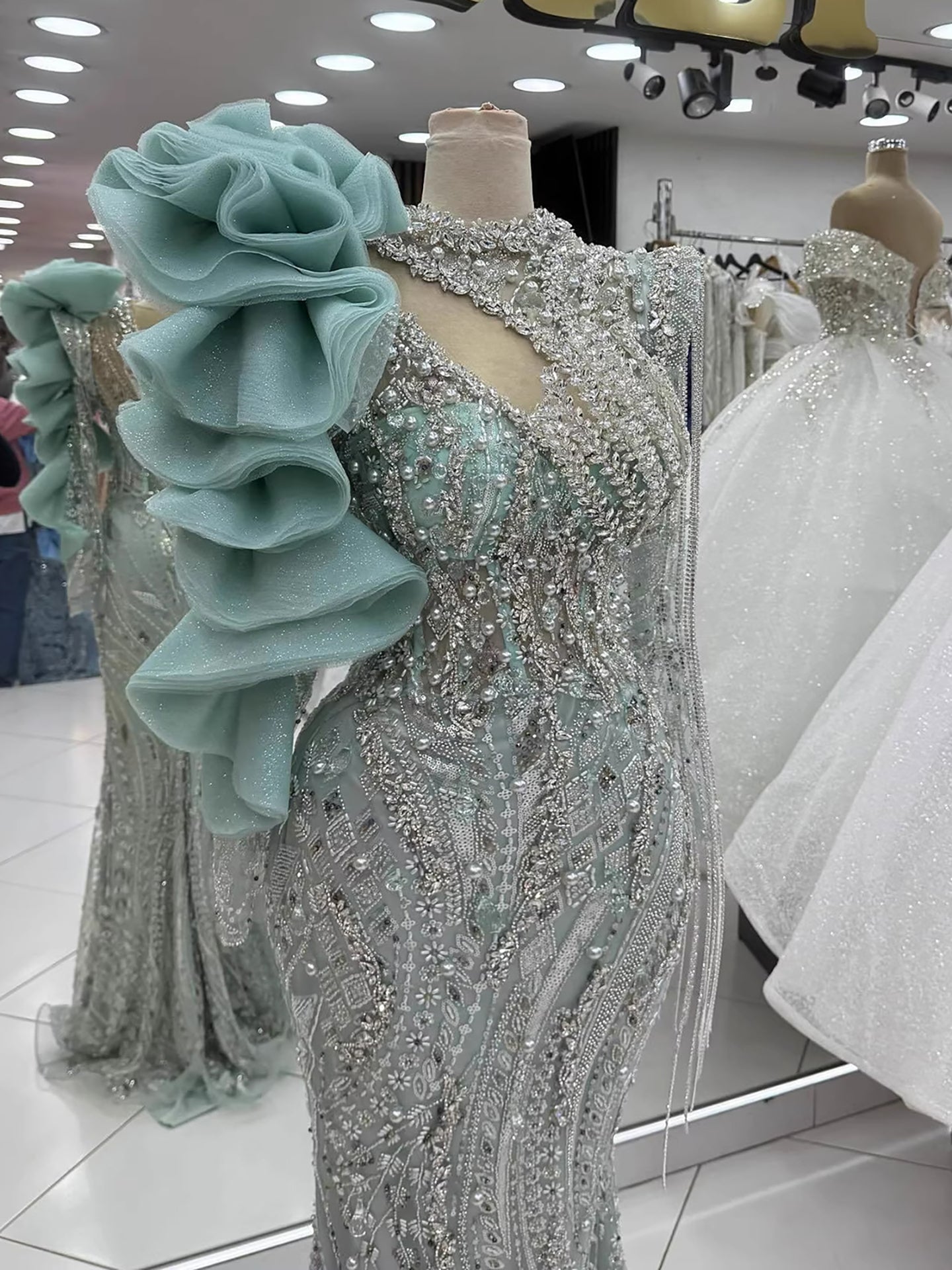 Sage Green Beaded Mermaid Evening Dress with Ruffle Shoulder LA73657 - SERENE  HILL