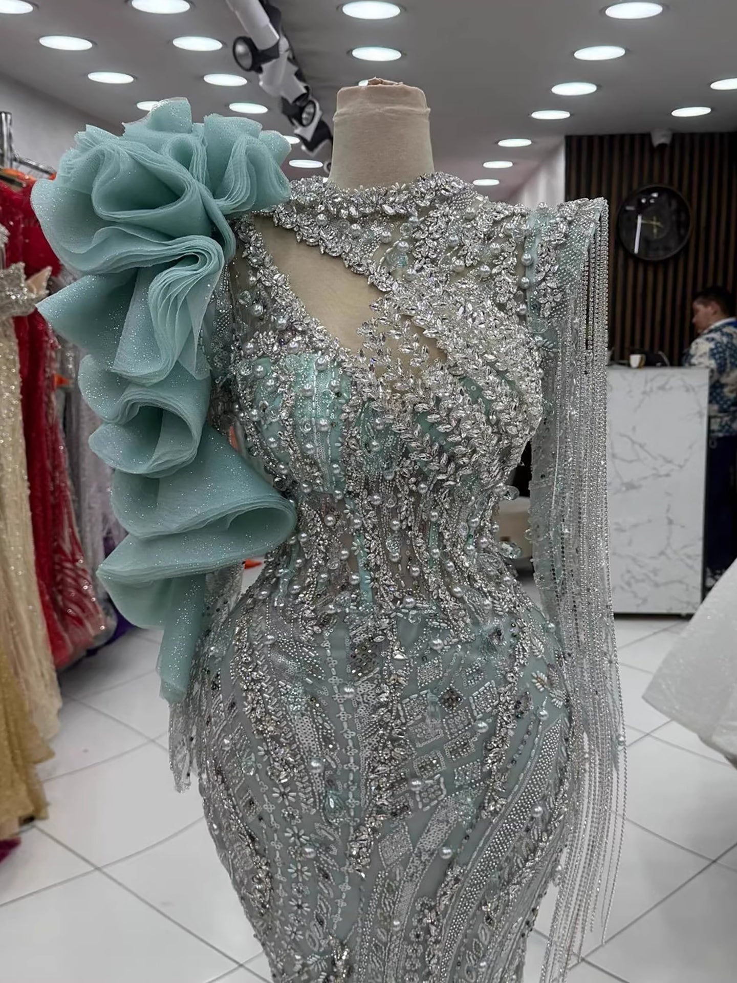 Sage Green Beaded Mermaid Evening Dress with Ruffle Shoulder LA73657 - SERENE  HILL