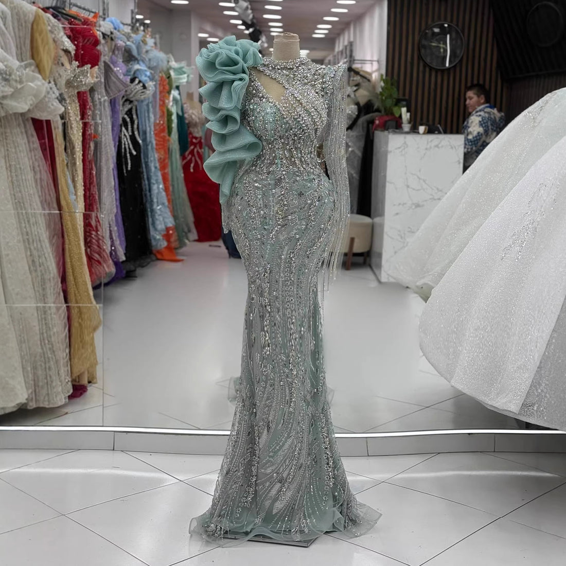 Sage Green Beaded Mermaid Evening Dress with Ruffle Shoulder LA73657 - SERENE  HILL