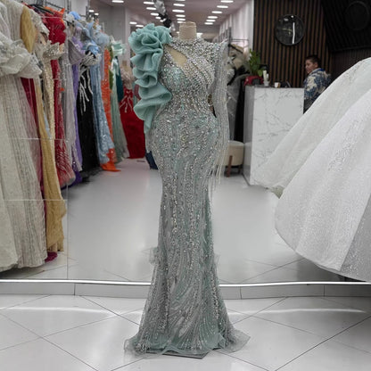 Sage Green Beaded Mermaid Evening Dress with Ruffle Shoulder LA73657 - SERENE  HILL