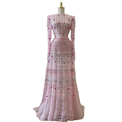 Luxury Pink Beaded Long Sleeve Geometric Evening Dress LA73658 SERENE HILL