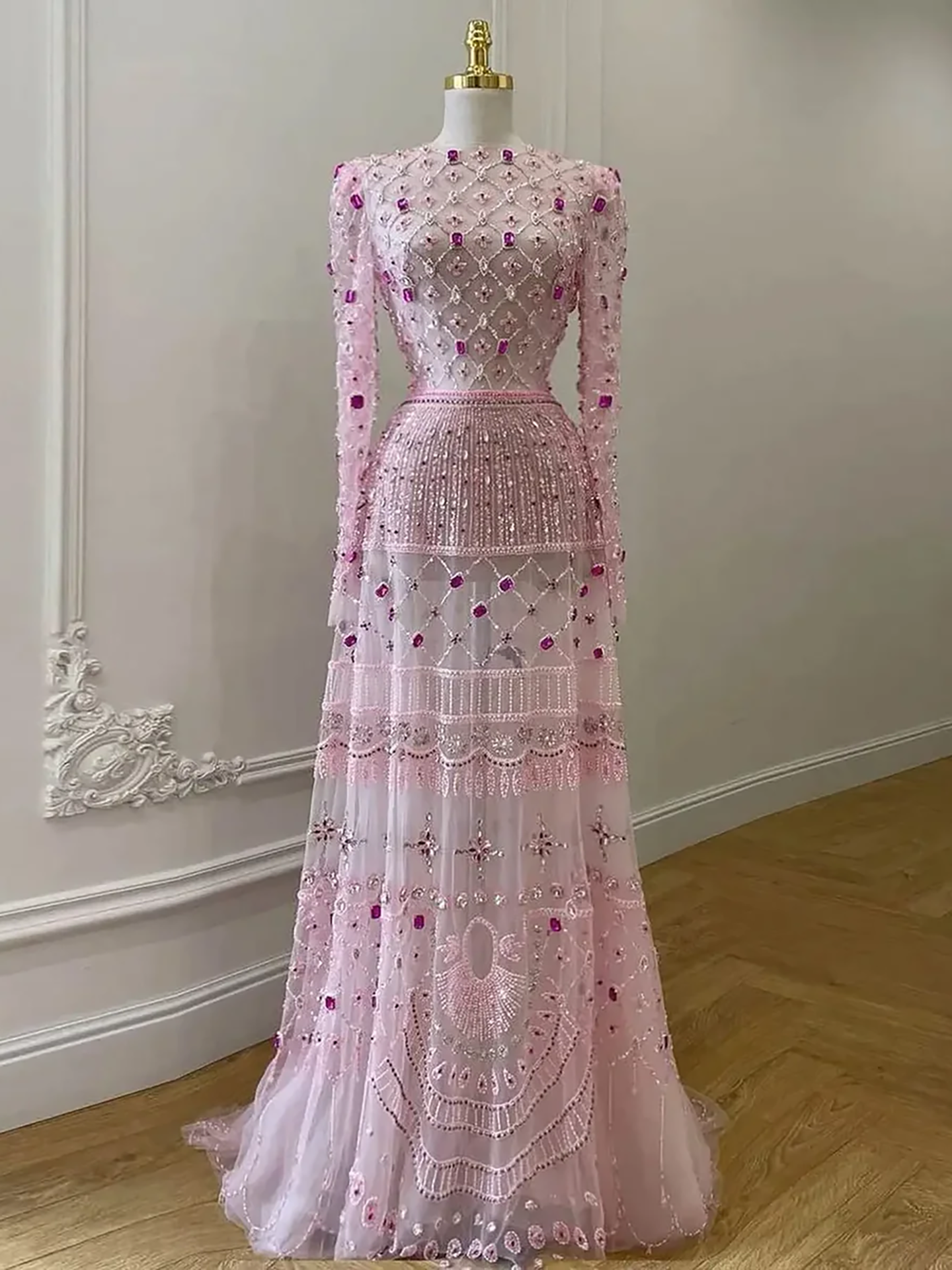 Luxury Pink Beaded Long Sleeve Geometric Evening Dress LA73658 Pink / 2