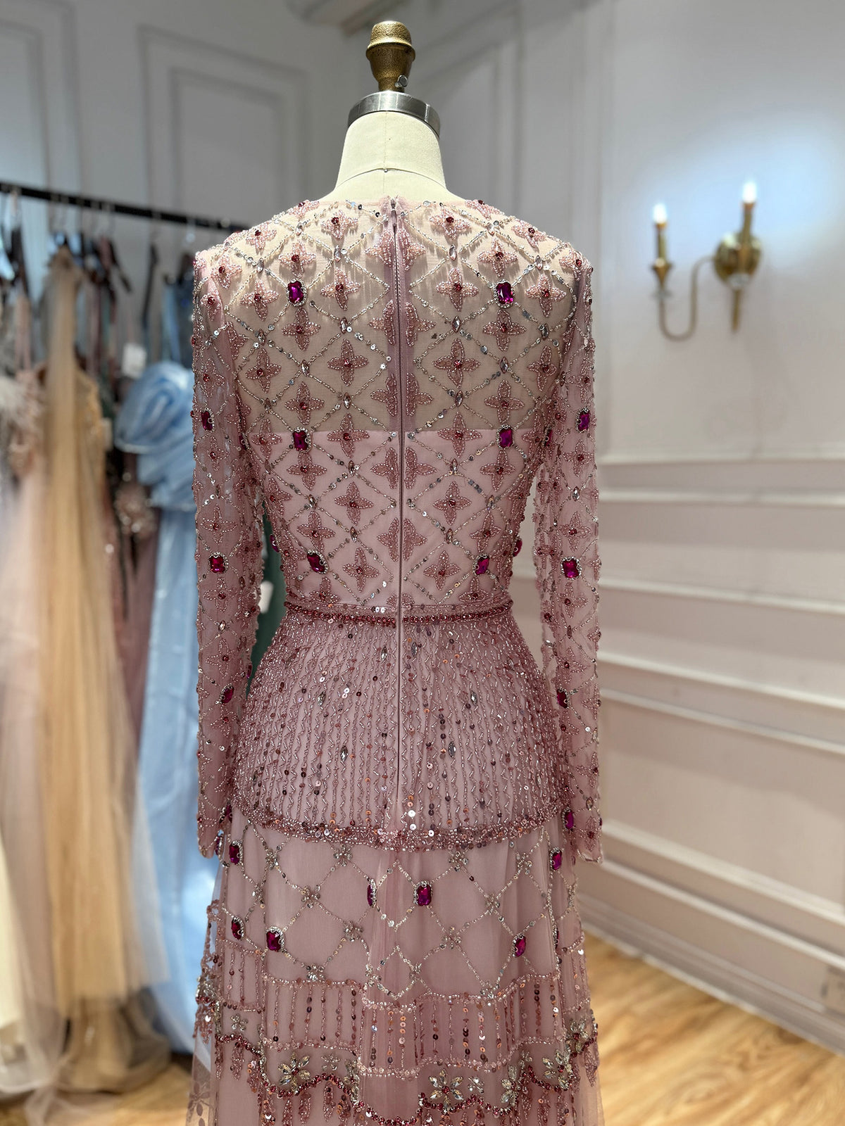 Luxury Pink Beaded Long Sleeve Geometric Evening Dress LA73658