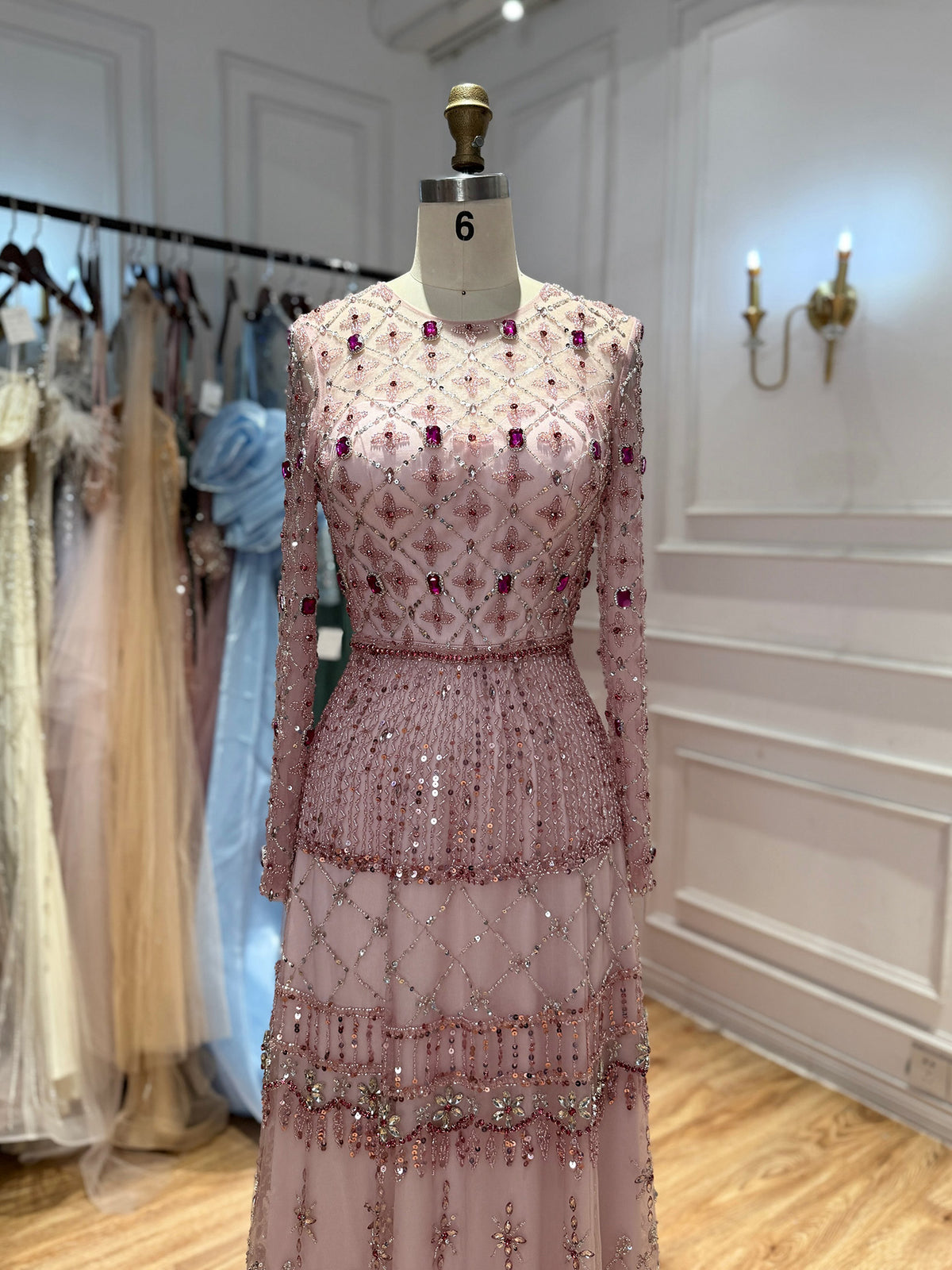 Luxury Pink Beaded Long Sleeve Geometric Evening Dress LA73658