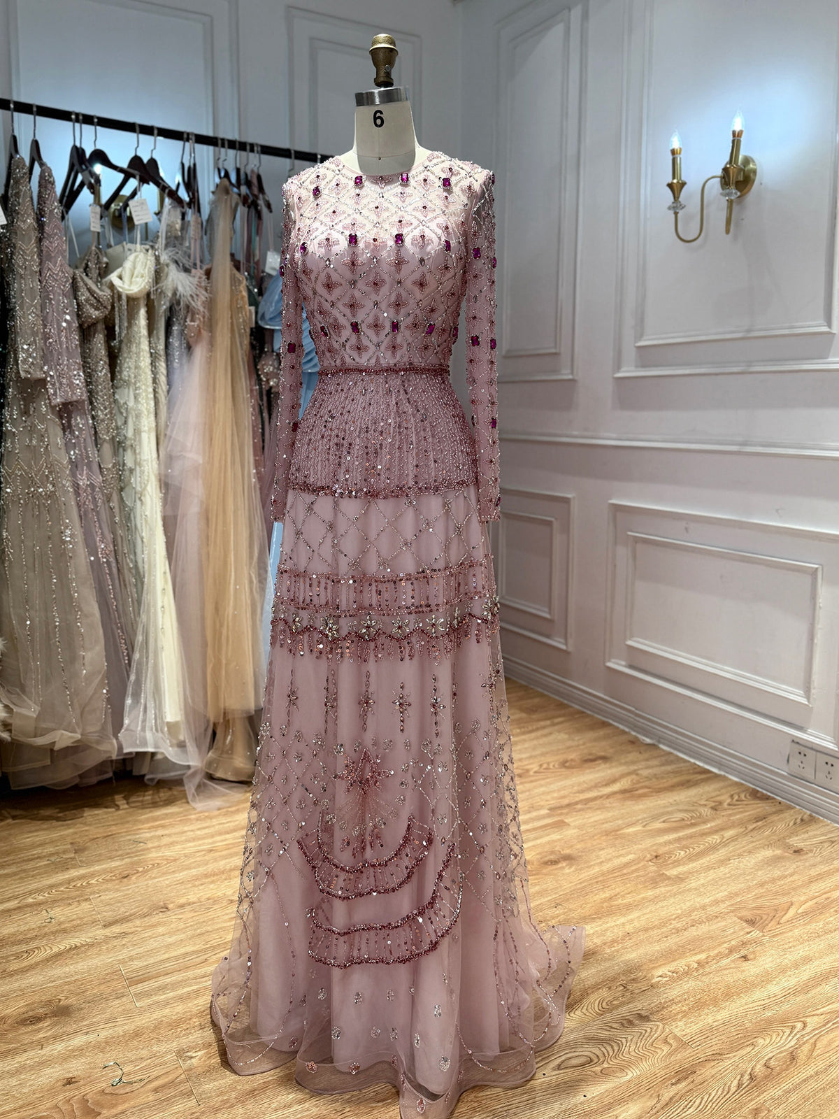 Luxury Pink Beaded Long Sleeve Geometric Evening Dress LA73658