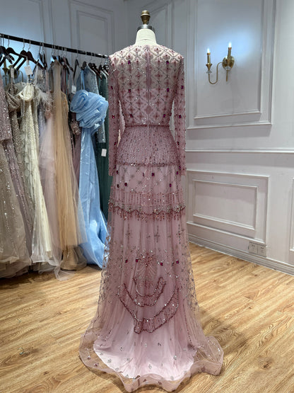 Luxury Pink Beaded Long Sleeve Geometric Evening Dress LA73658
