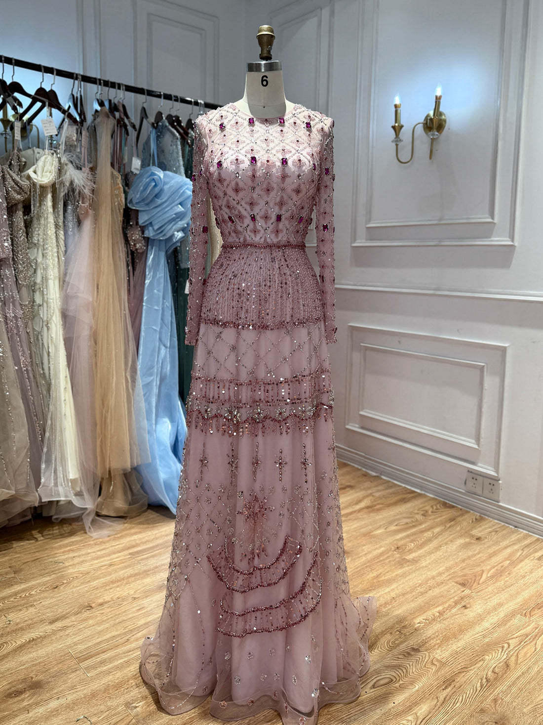 Luxury Pink Beaded Long Sleeve Geometric Evening Dress LA73658