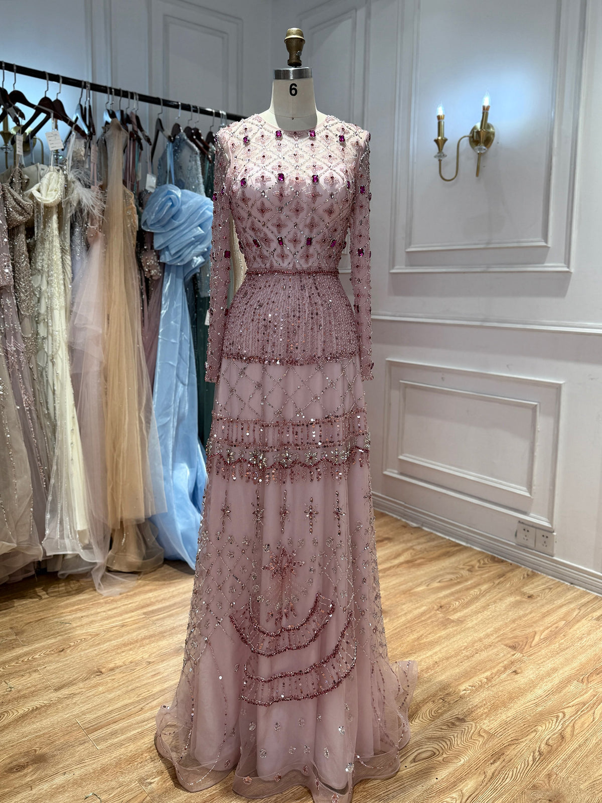 Luxury Pink Beaded Long Sleeve Geometric Evening Dress LA73658