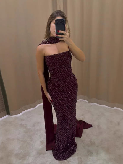 Luxury Wine Red Beaded Mermaid Evening Dress With Cape LA73660