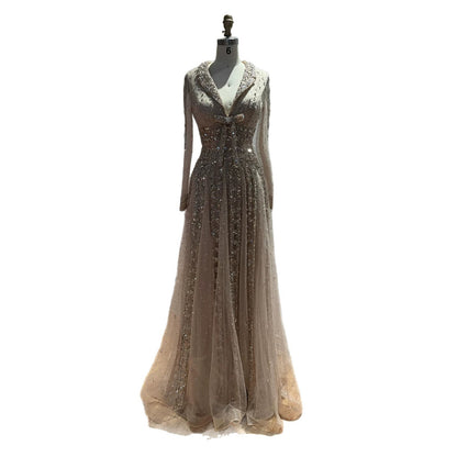 Luxury Caramel V Neck Beaded Bow A Line Evening Gown LA73663 SERENE HILL