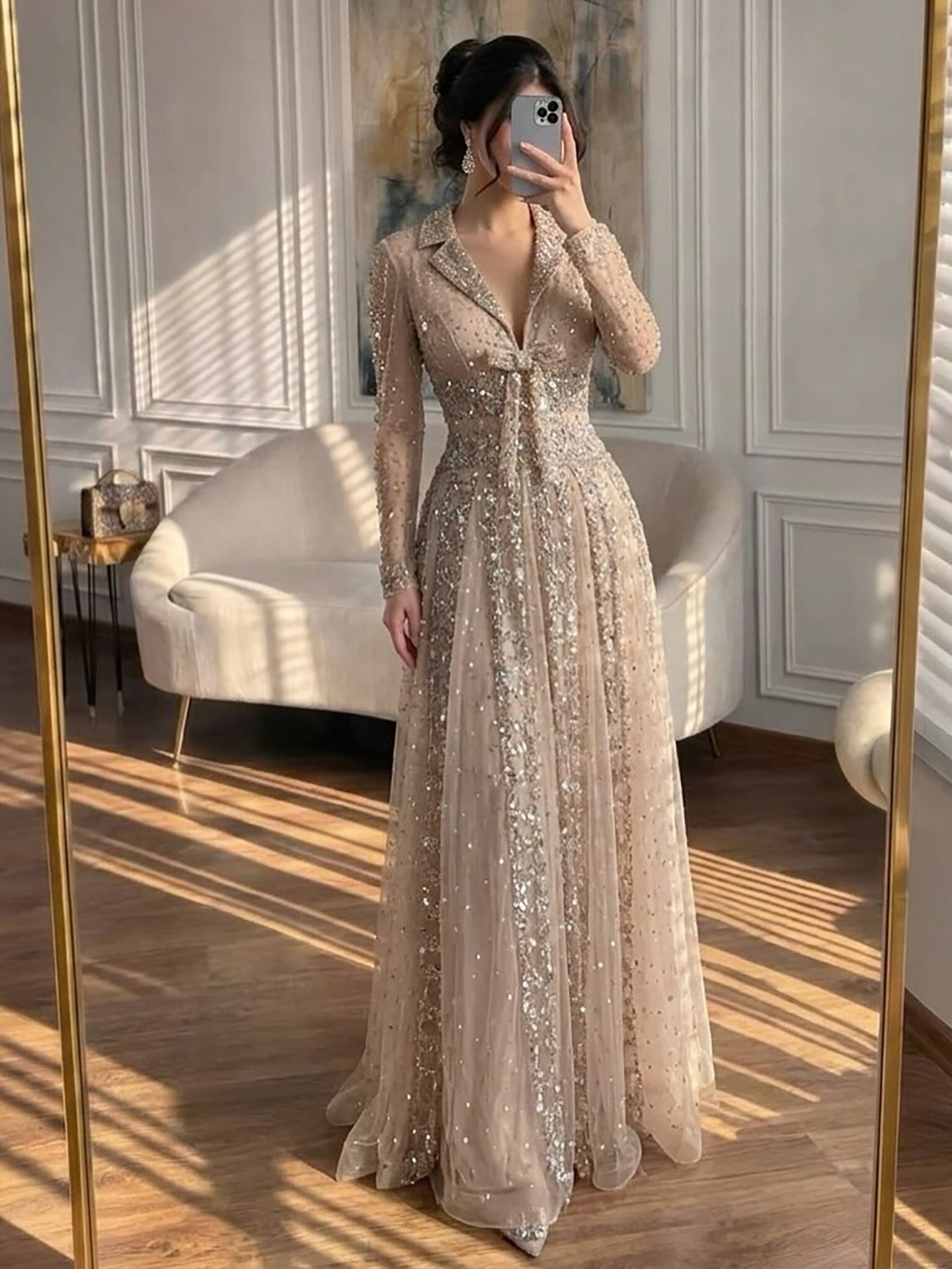 Luxury Caramel V Neck Beaded Bow A Line Evening Gown LA73663 SERENE HILL
