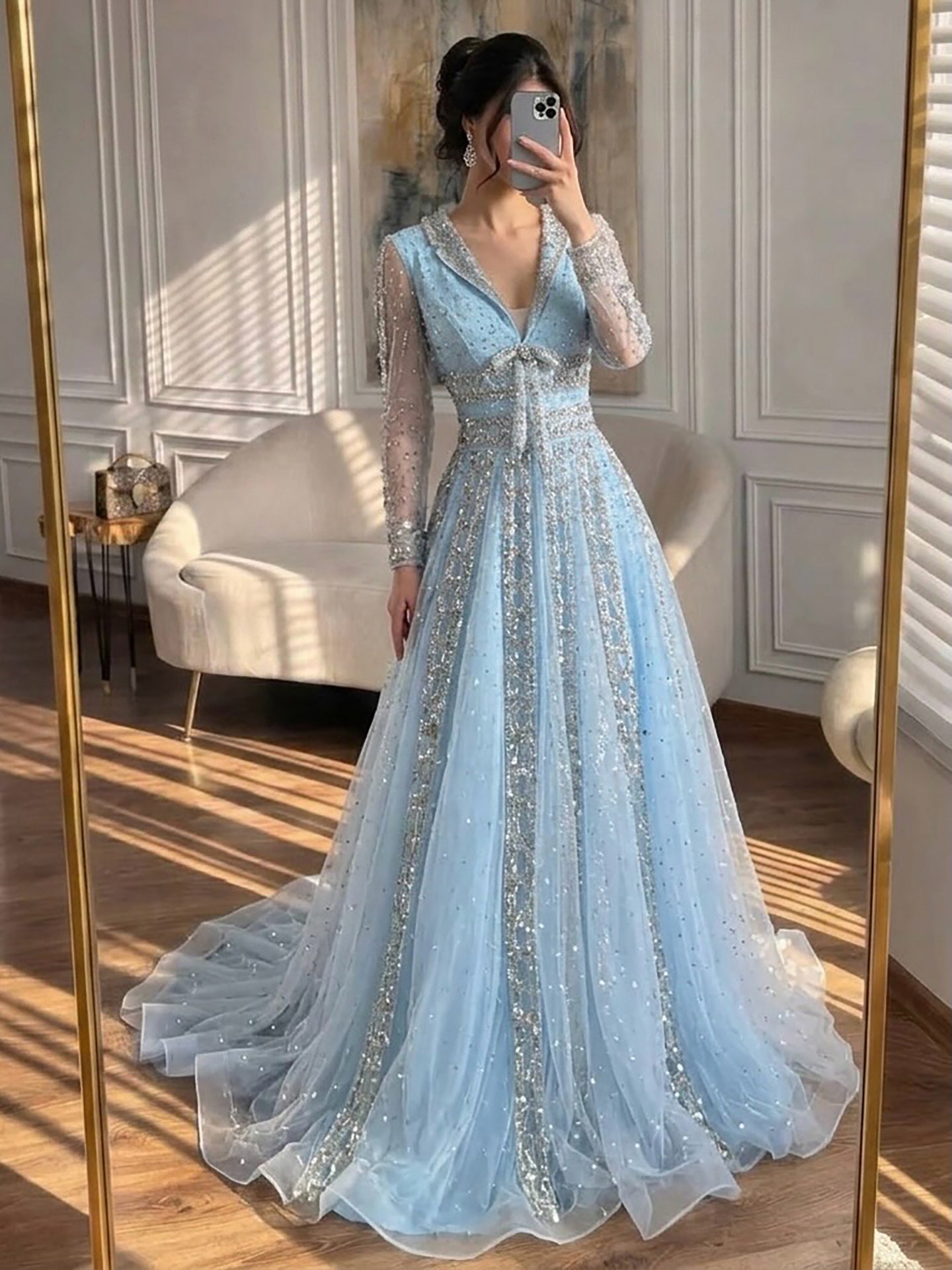 Luxury Caramel V Neck Beaded Bow A Line Evening Gown LA73663 SERENE HILL