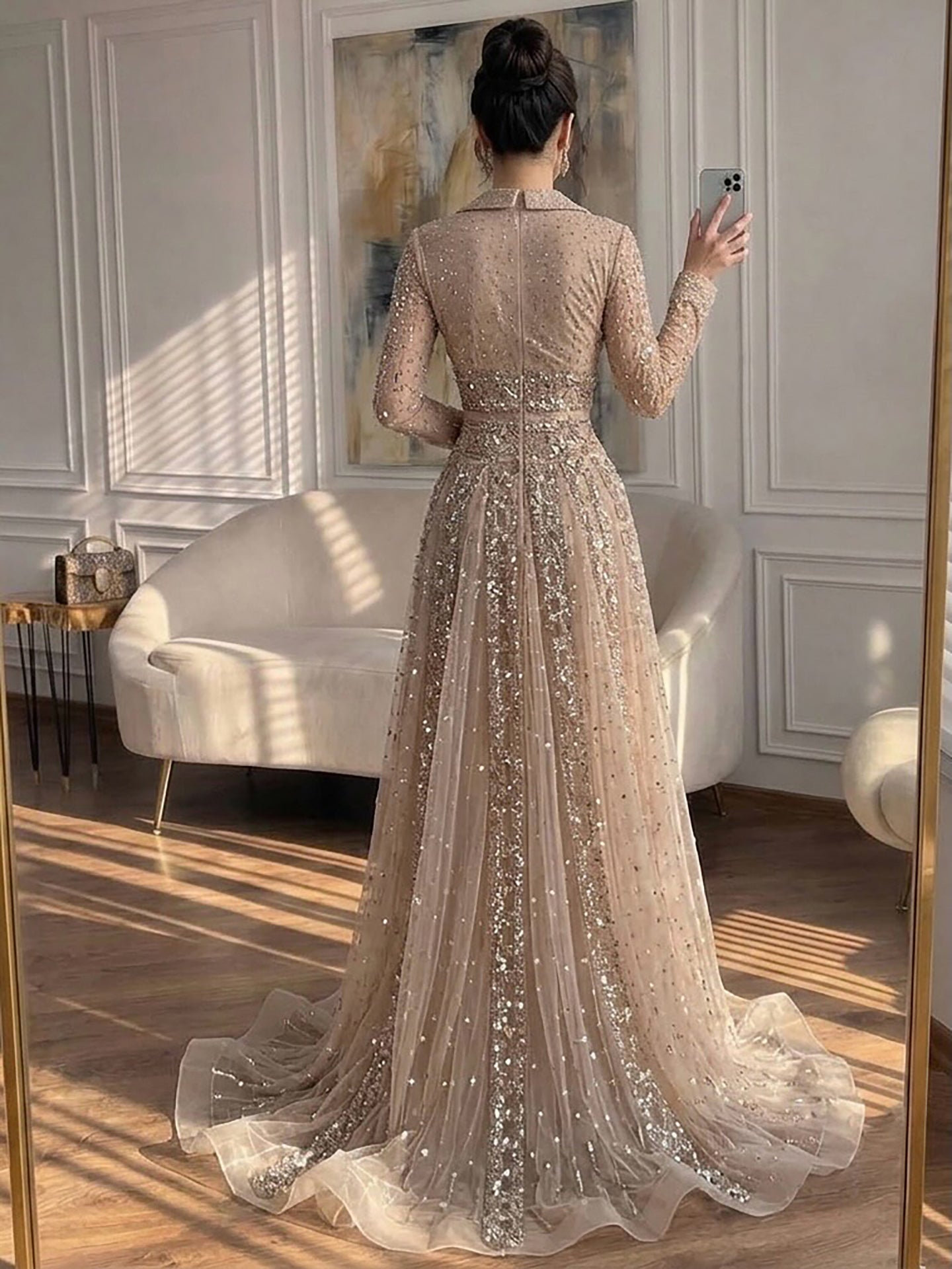 Luxury Caramel V Neck Beaded Bow A Line Evening Gown LA73663 SERENE HILL