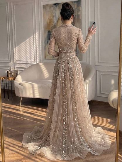 Luxury Caramel V Neck Beaded Bow A Line Evening Gown LA73663 SERENE HILL